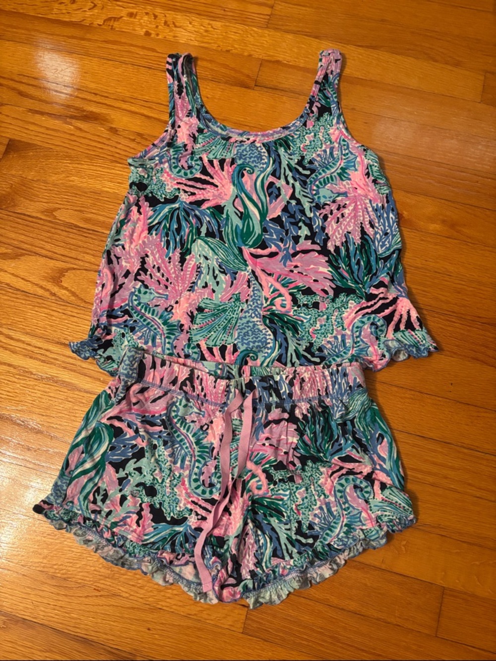 Lilly Pulitzer  Pink & Teal Tropical Print Tank Top and Shorts Pajama Set